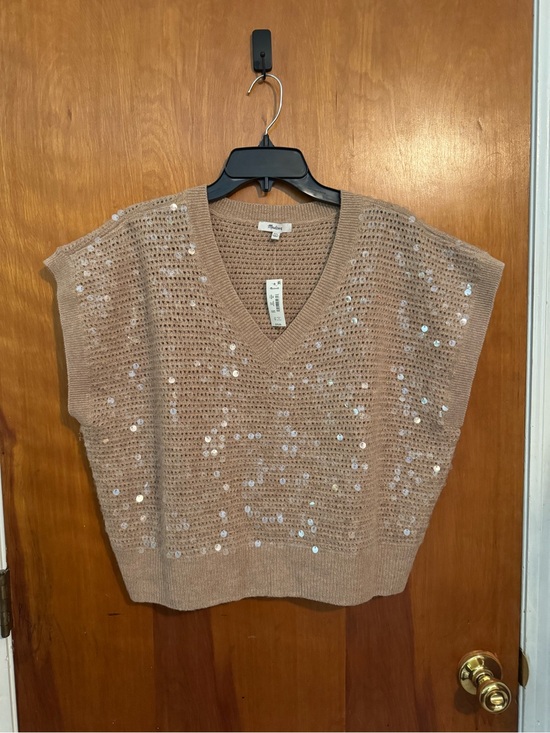 Madewell Sweaters - Madewell Taupe V-Neck Sequin Open-Knit Sweater Vest